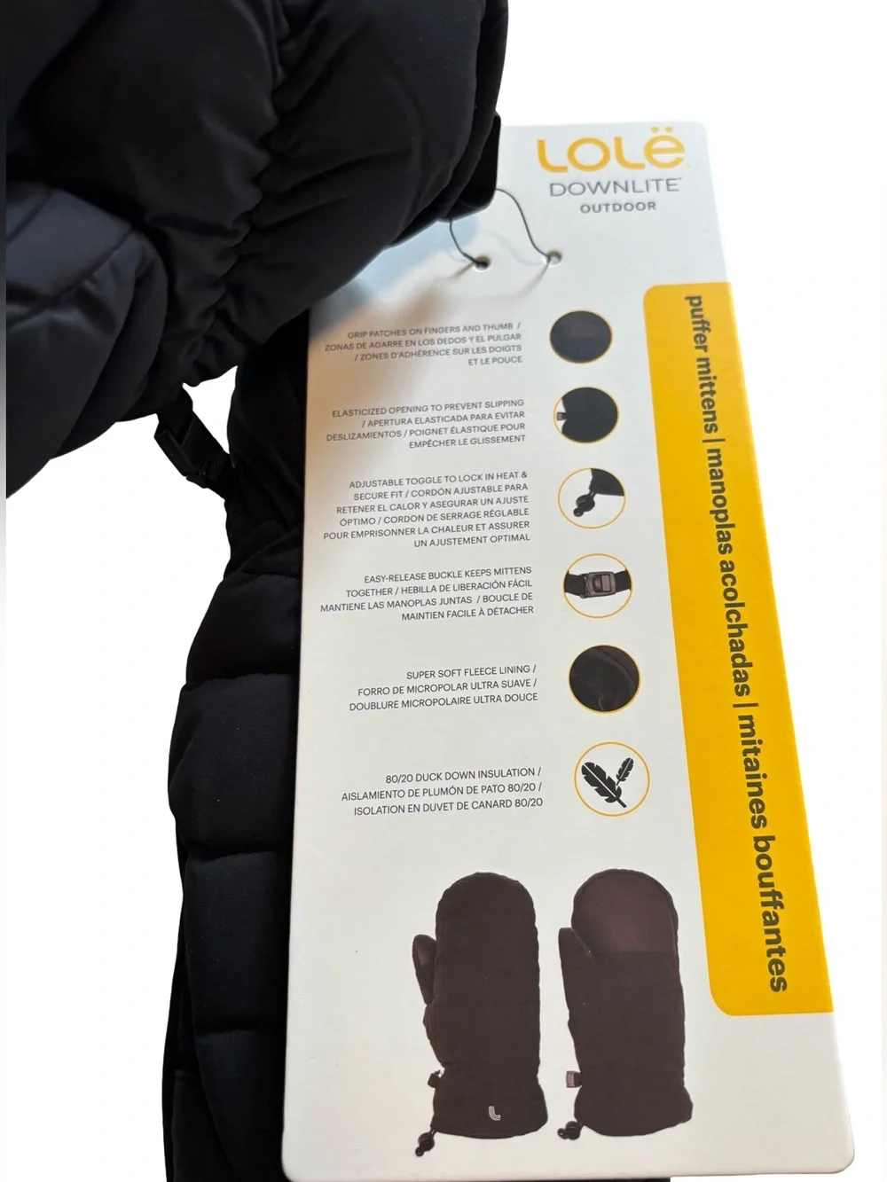 Lolë Downlite Outdoor Puffer Mittens in Black Sz L/XL NWT